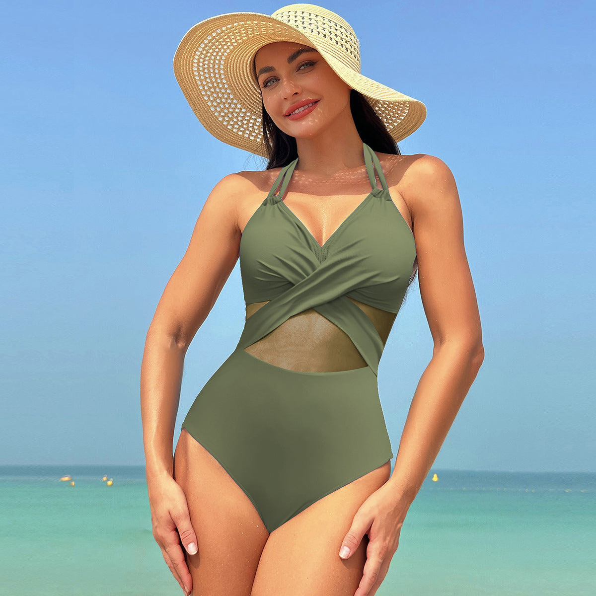 B-Halter-neck One-piece Swimsuit Summer Solid Color Cross-strap Design Mesh Bikini Beach Vacation Womens Clothing