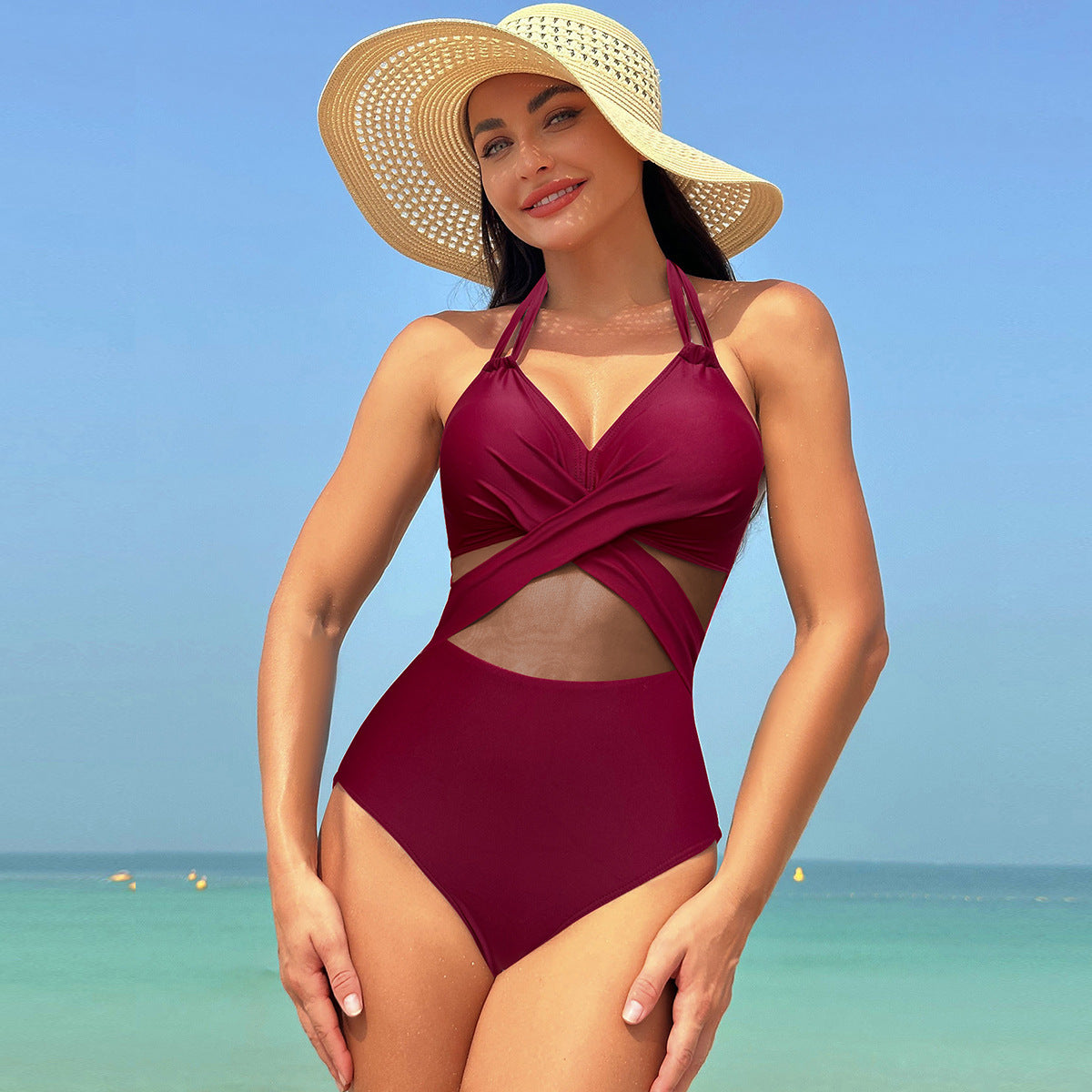 B-Halter-neck One-piece Swimsuit Summer Solid Color Cross-strap Design Mesh Bikini Beach Vacation Womens Clothing
