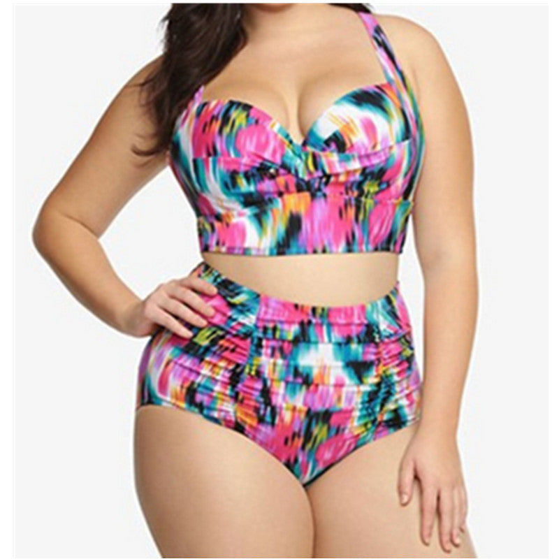 B-Printed Push Up Bikini Swimsuit Ladies Split High Waist Plus Size Multicolor